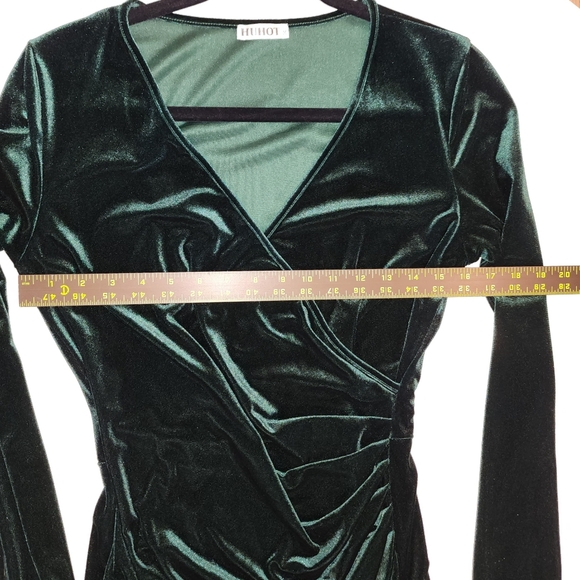 Green Velvet Wrap Dress, V-Neck Long Sleeve Midi, Holiday Party Dress, Women's M - Picture 7 of 7